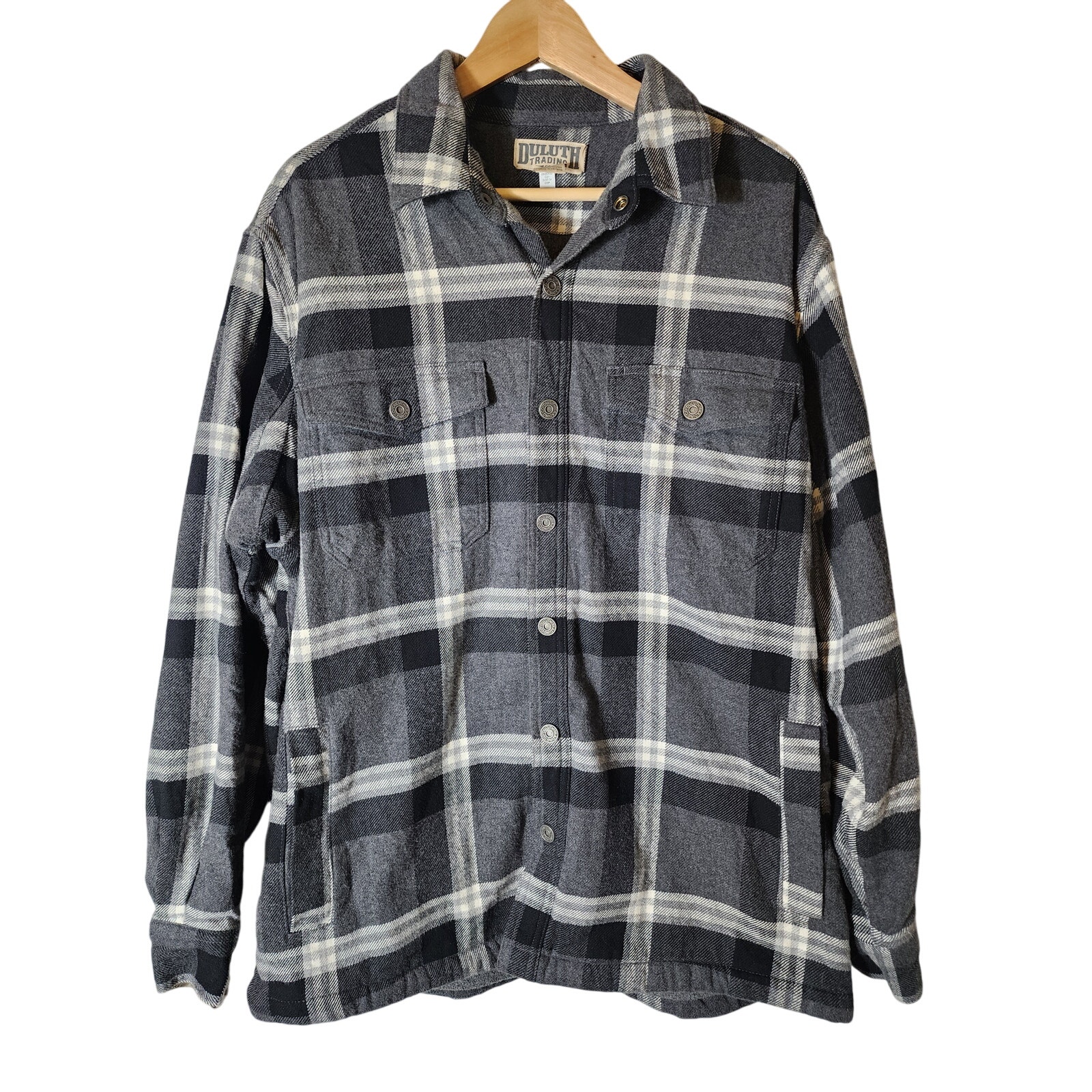 DULUTH TRADING CO Gray Plaid Fleece Lined Flapjack Shirt Jacket Shacket SZ L