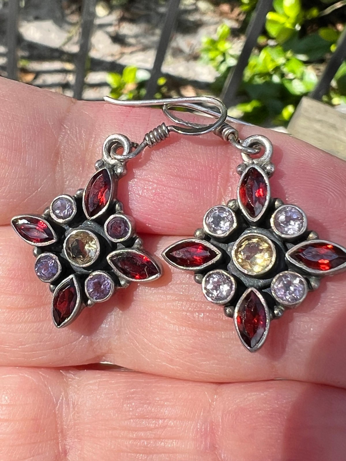 VINTAGE GARNET CITRINE MULTI GEMSTONE LOND DROP DANGLE EARRINGS 925 STERLING