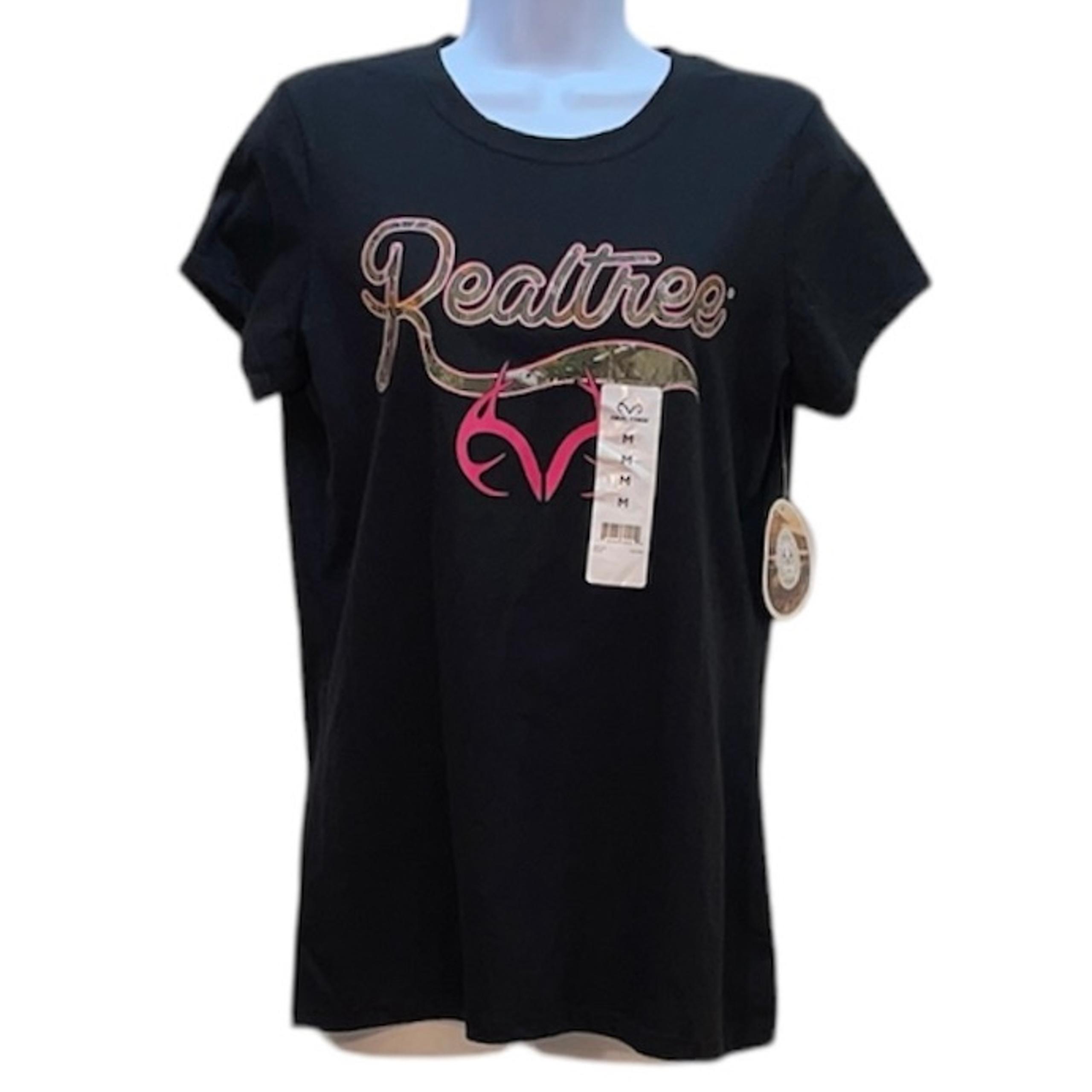 REALTREE Women's Size Medium Black Short Sleeve Pink Antlers/Camo T-Shirt NWT
