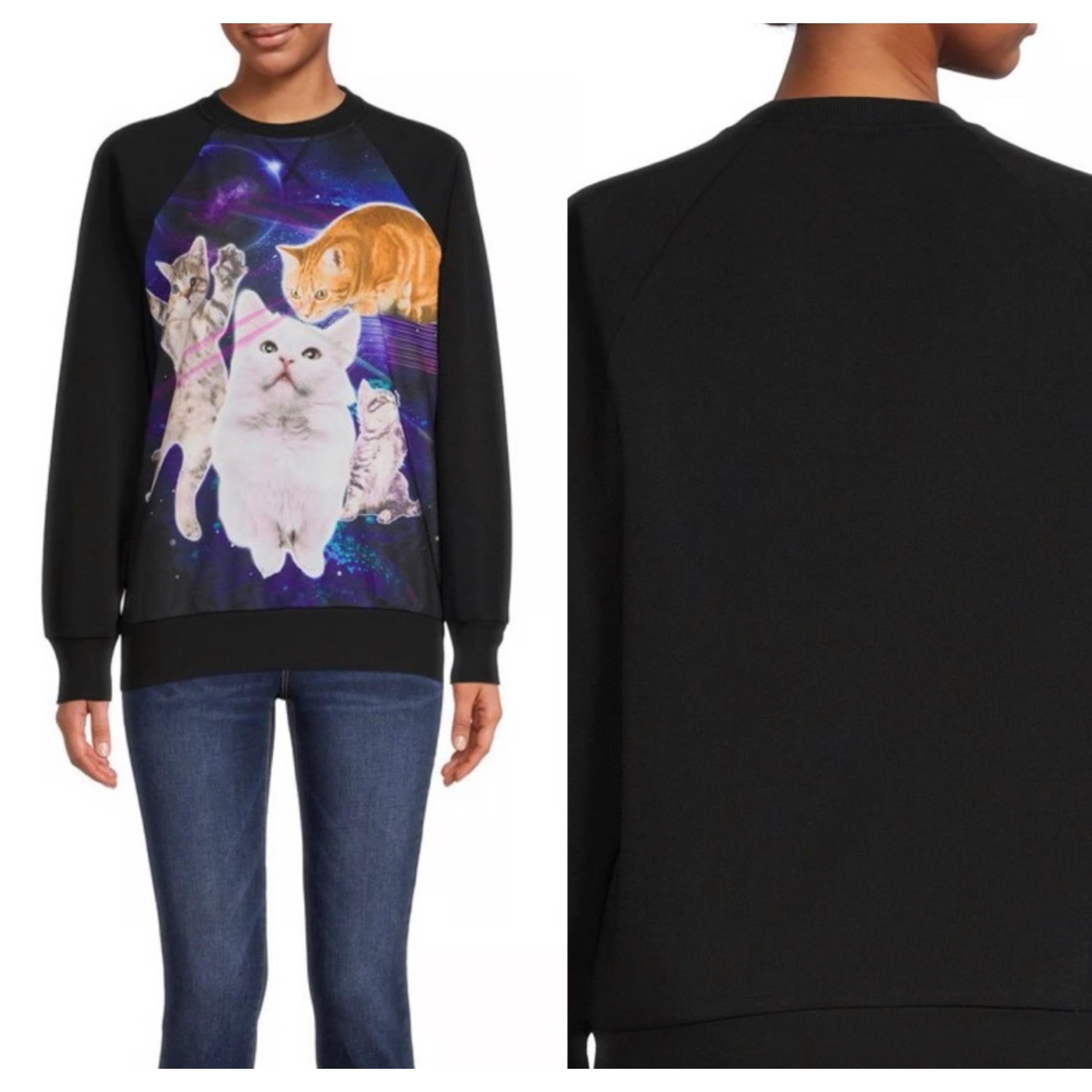 Vintage No Boundaries Womens Cats In Space Sweatshirt Black Long Sleeve Large