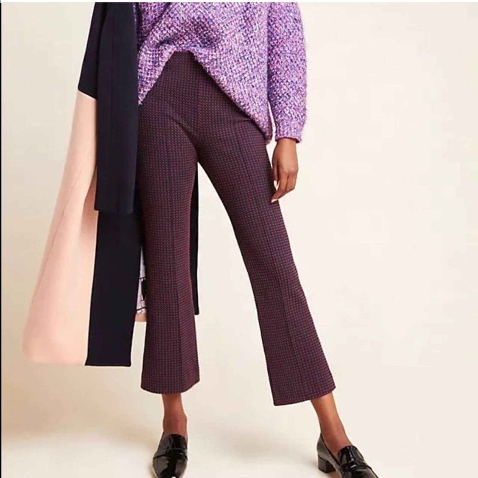 Anthropologie The Essential Crop Flare Navy Burgundy Check Pull On Pant Small