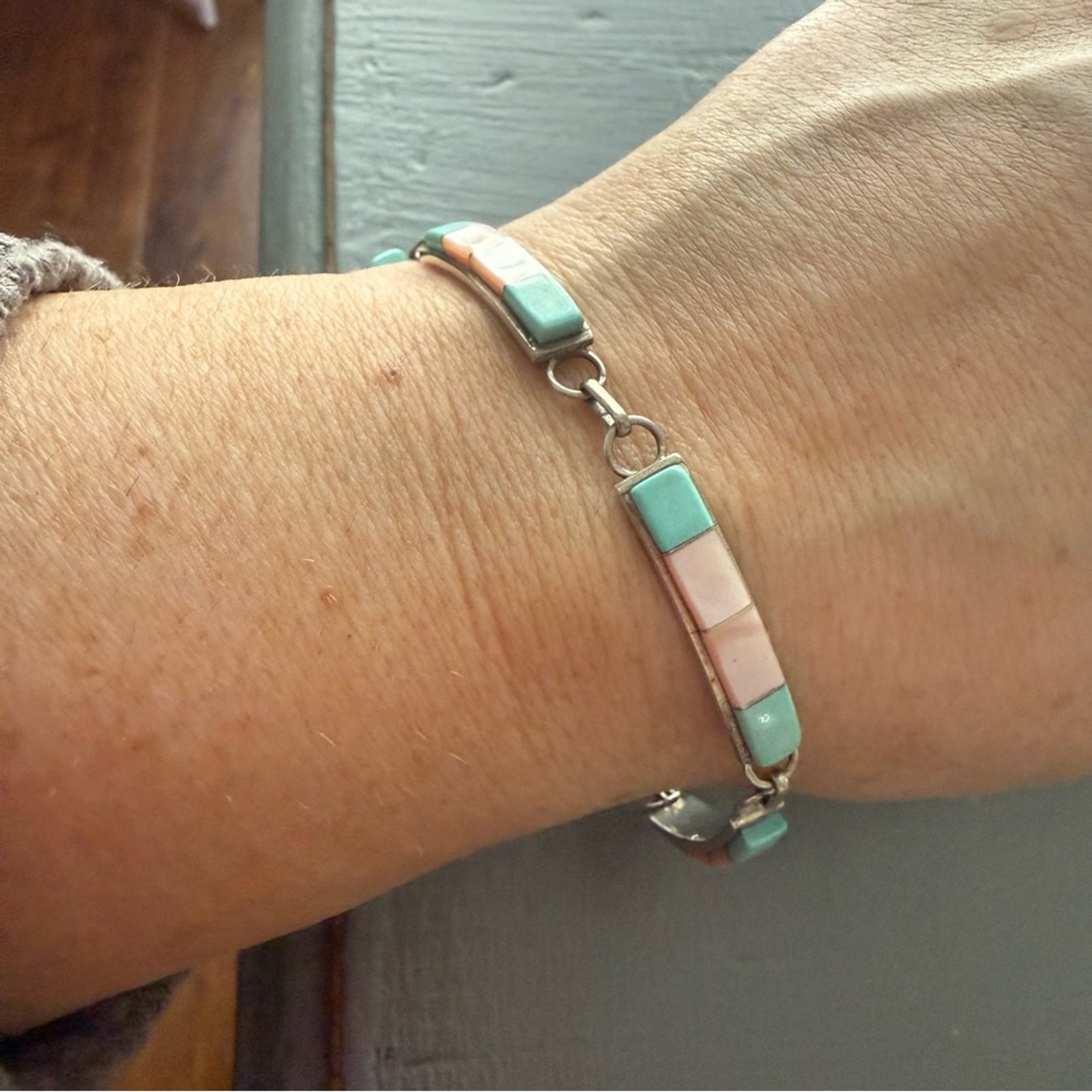 925 Sterling Silver Mother of Pearl & Turquoise Linked Bar Bracelet