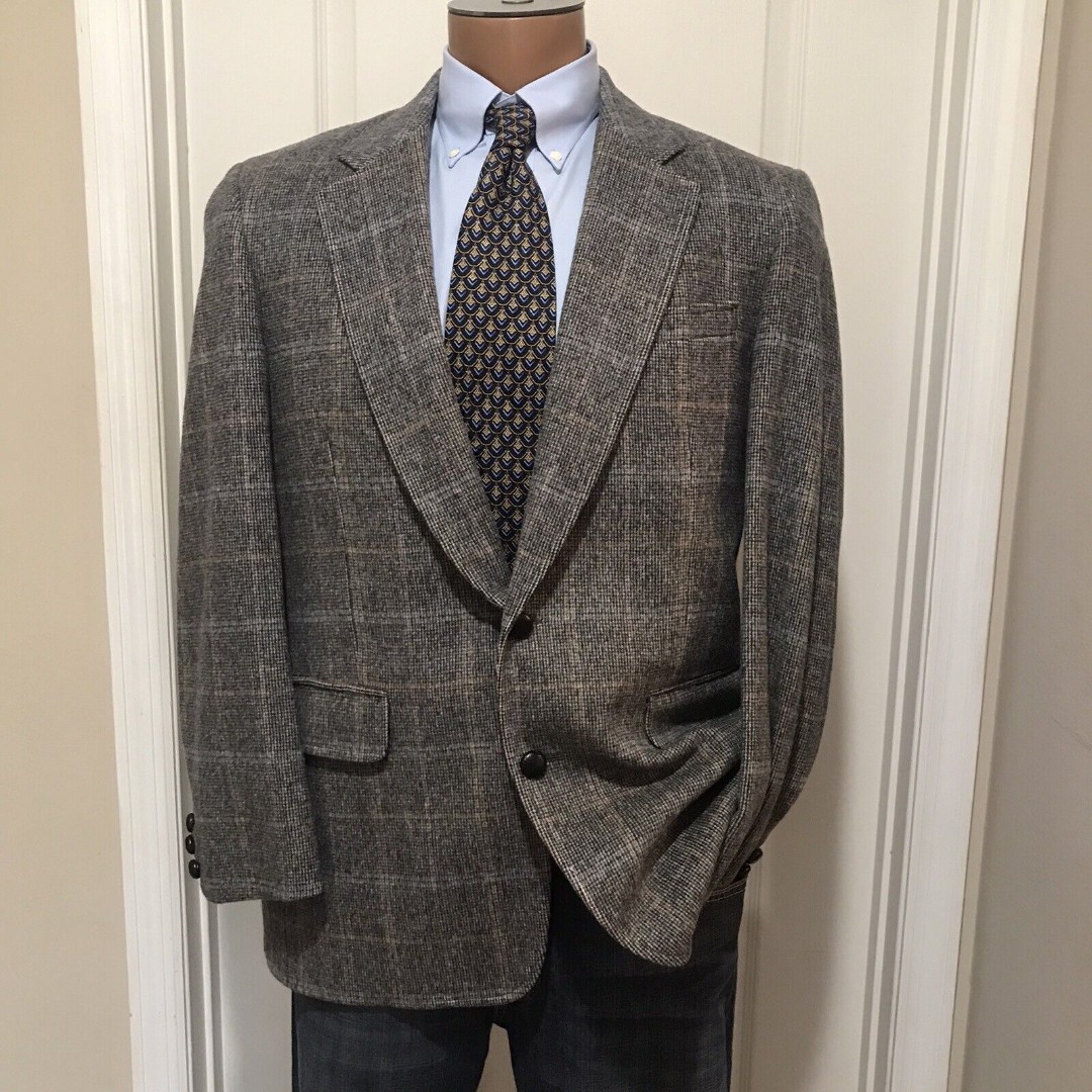 Robert Alexander Men's Blazer 40R Meas. 44Camel Blend Sport Coat Gray Plaid Vtg