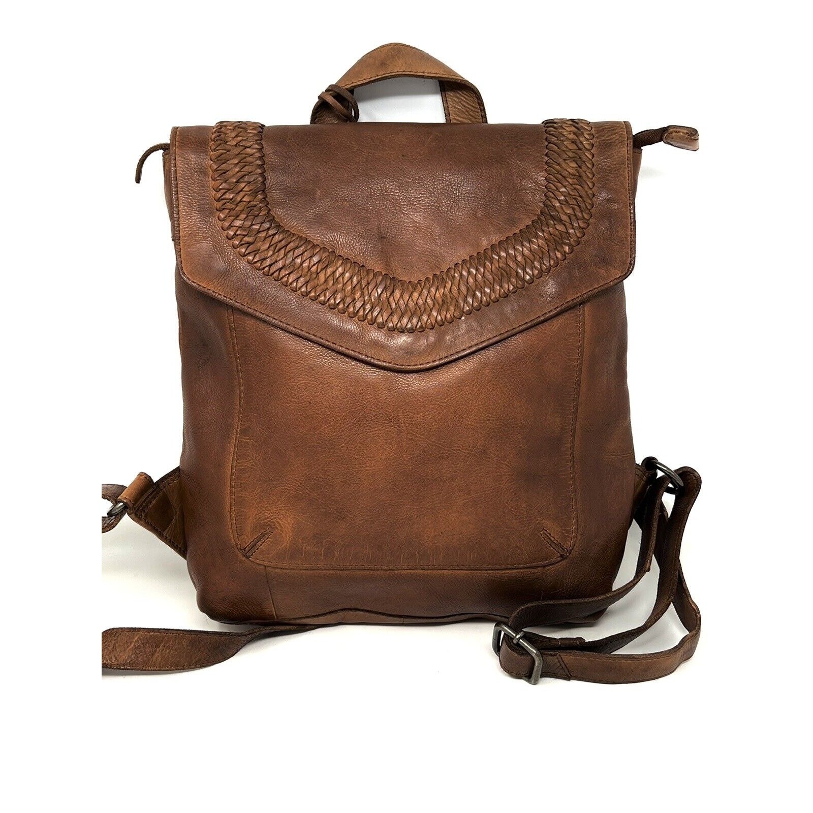 Vilenca Holland Backpack Distressed Leather Woven Trim TK 228 Cognac Brown NWT