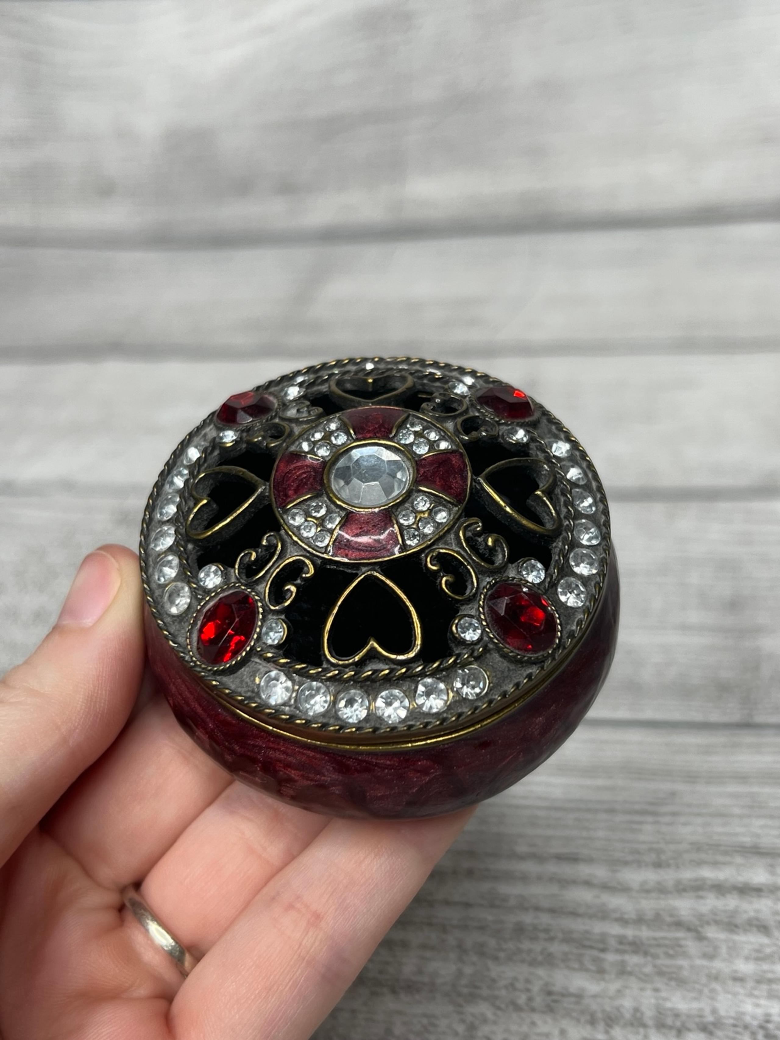 Round Reddish Purple Enamel Jeweled Rhinestone Lidded Hinged Trinket Box by GANZ