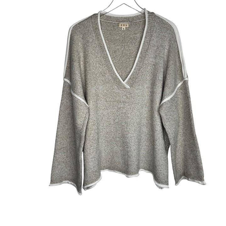 Beige POL Womens V-Neck Oversized Knit Sweater Women’s Large Cozy Soft Lounge