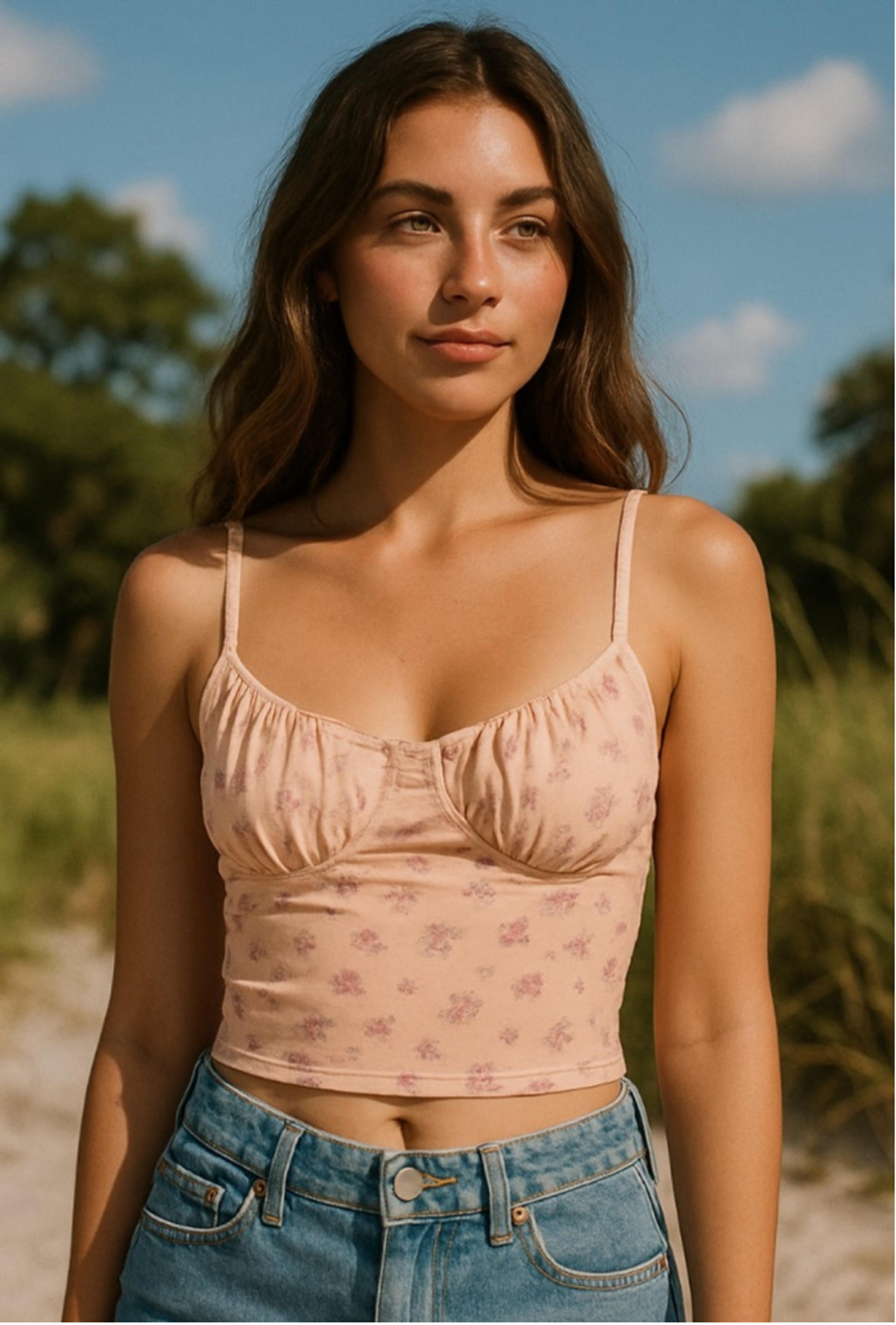 SHEIN Pink Floral Ruched Crop Tank Y2K Milkmaid Style M