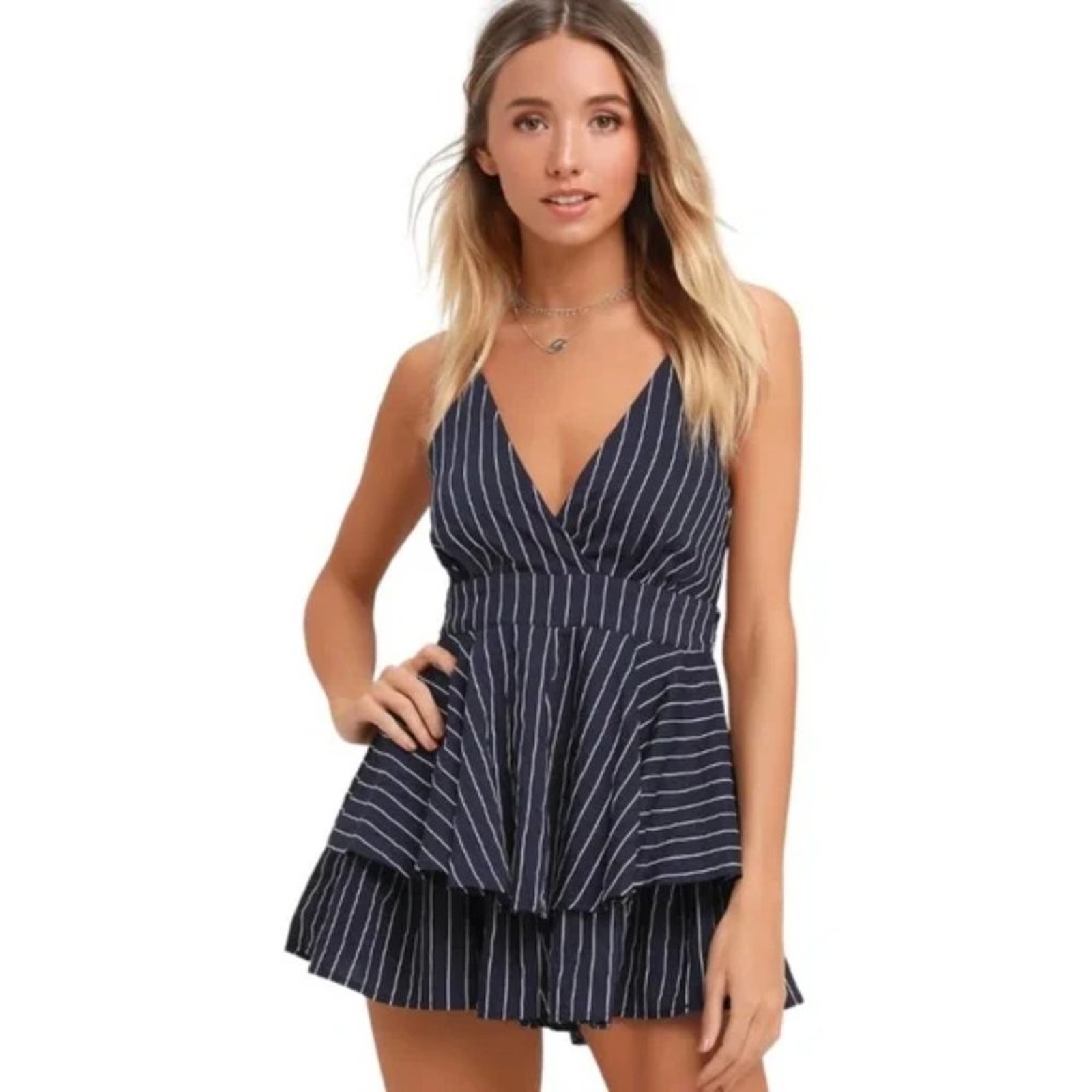 NWT Lulus Ruffle and Flow Navy Striped Shorts Backless Romper Size XS