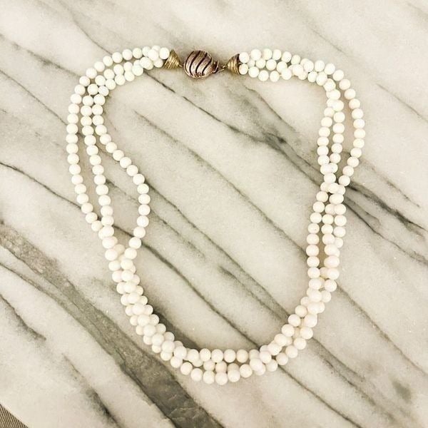 Vintage Ciner Necklace Milk Glass Beaded Gold Toned Multilayer Signed Designer R