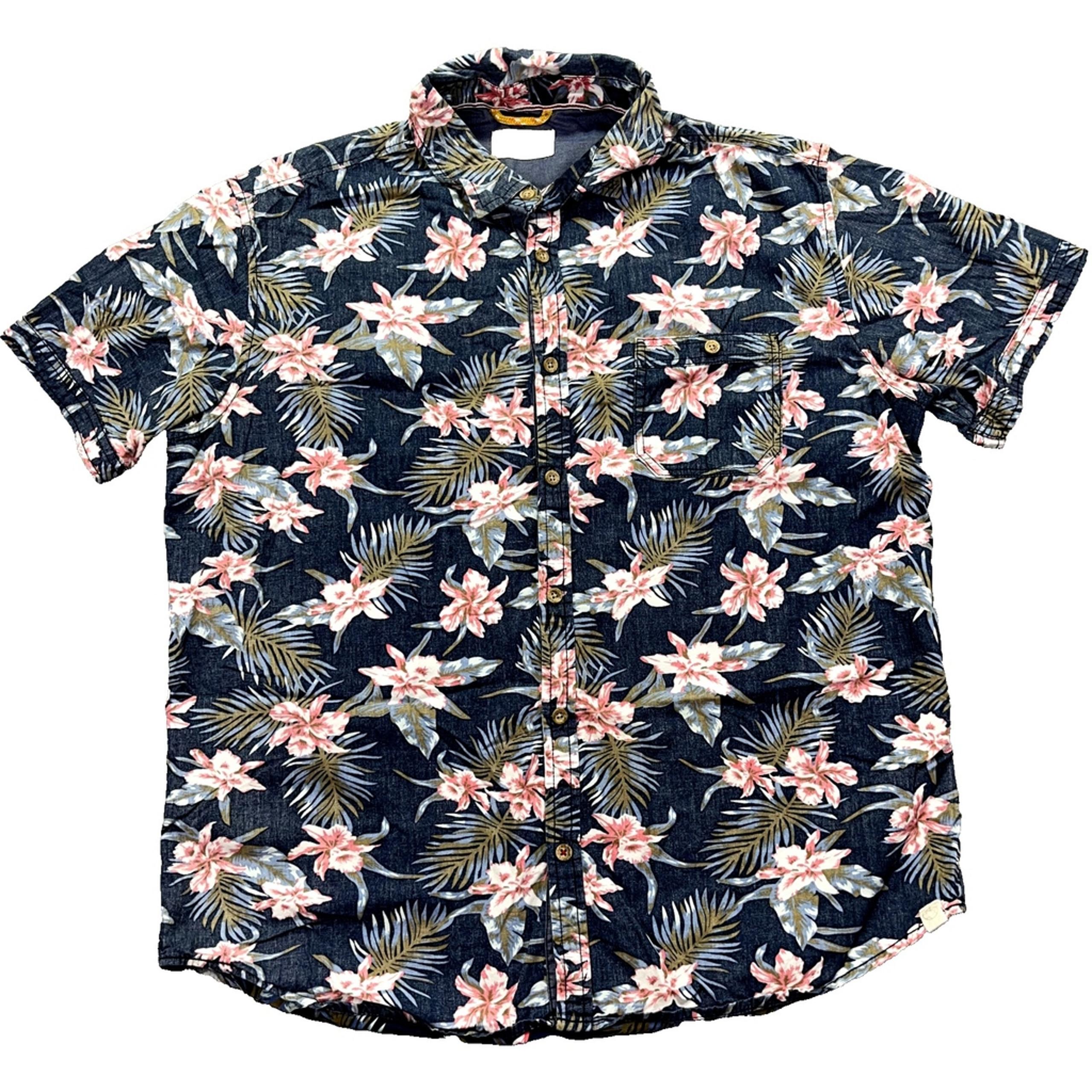 Free Planet Shirt Mens Sz XL Blue Floral Button Up Hawaiian Short Sleeve Cotton