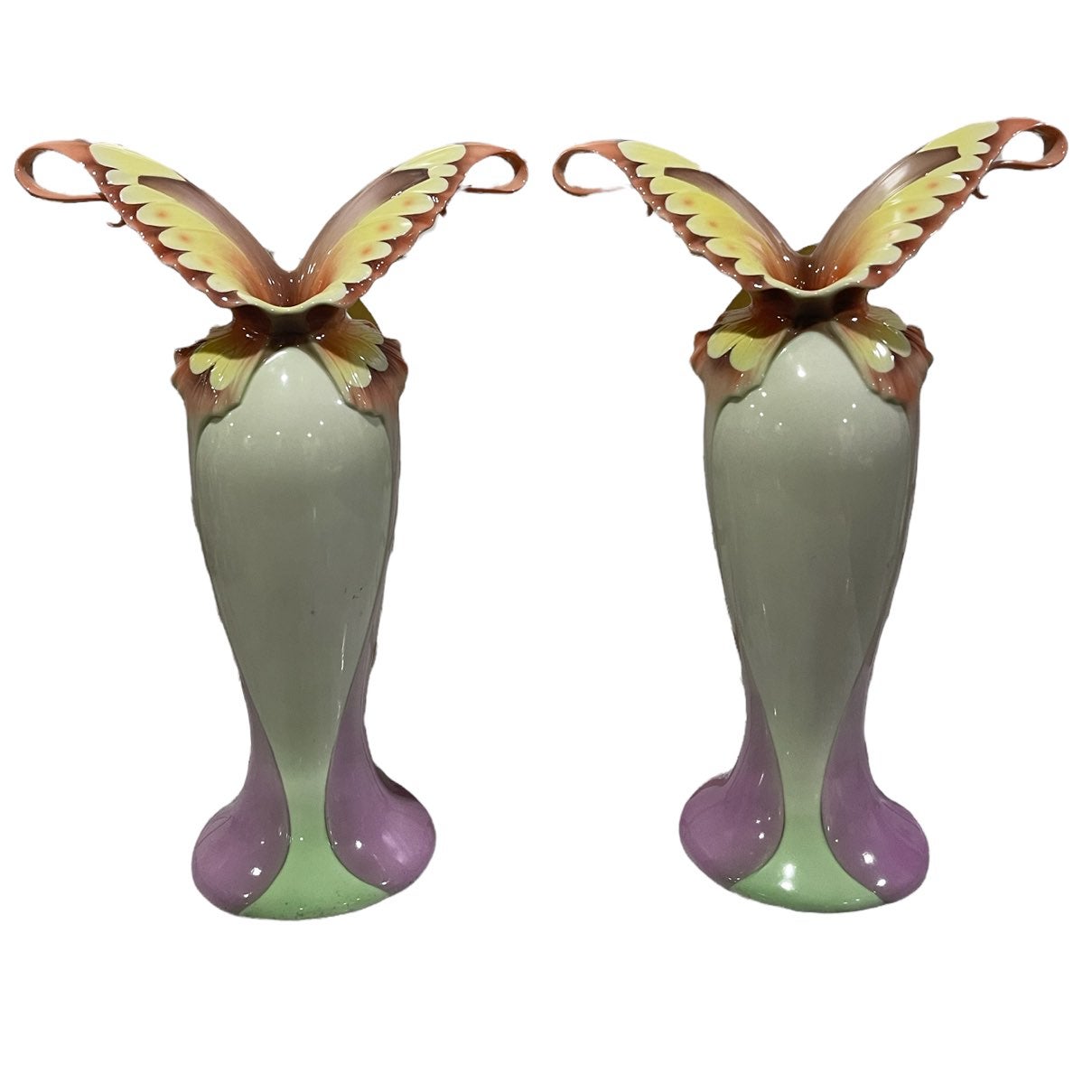 Pair of Franz Collection Papillon Butterfly Spread Wings Vases art nouveau