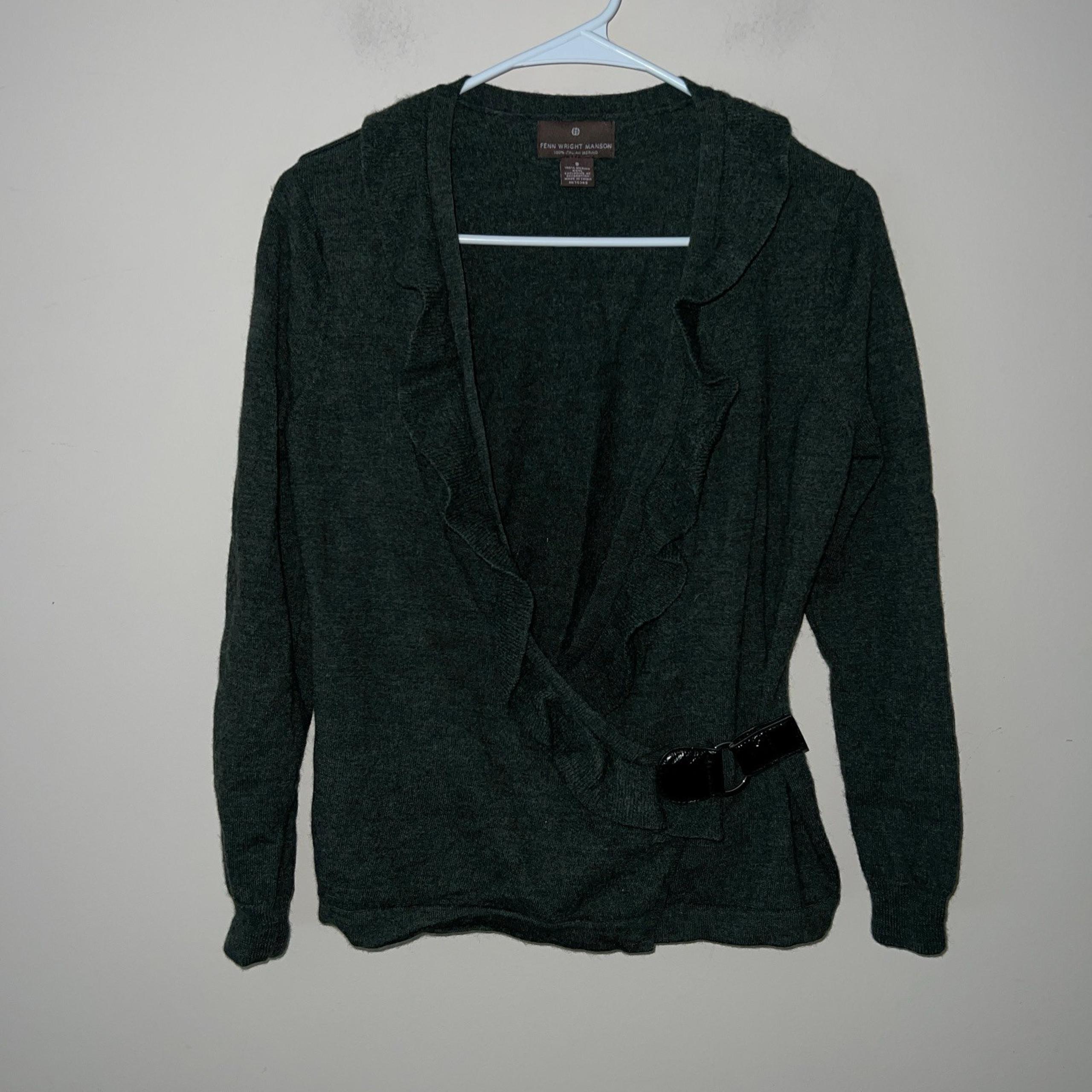 FENN WRIGHT MANSON 100% Merino Wool Waterfall Cardigan Buckle Dark Green Small