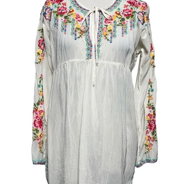 Johnny Was Sheer Floral Embroidered Boho Long Sleeve Tunic Blouse Small