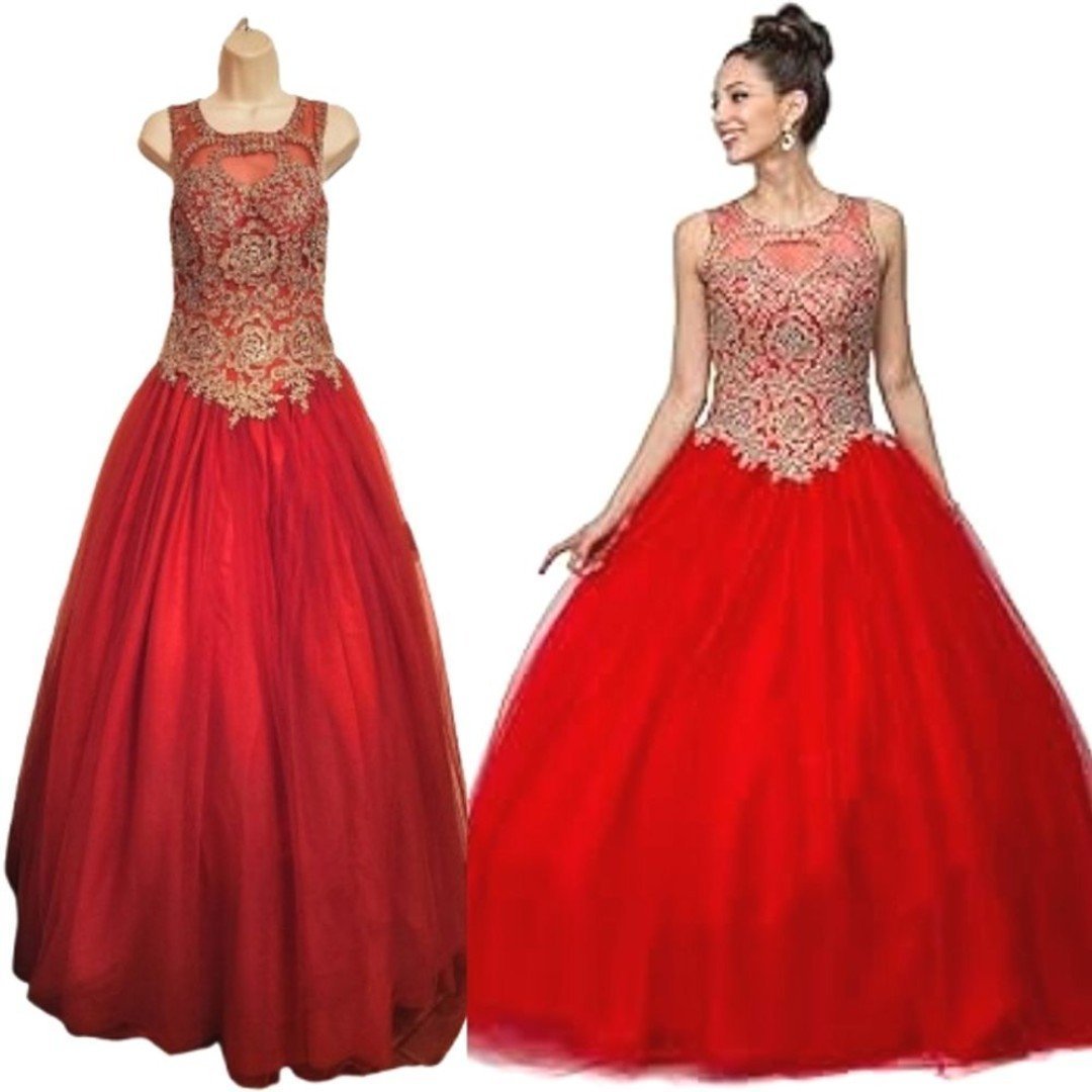 Layla K LK-72 Beaded Embroidery Illusion Quinceanera Ball Gown Dress Red/Gold