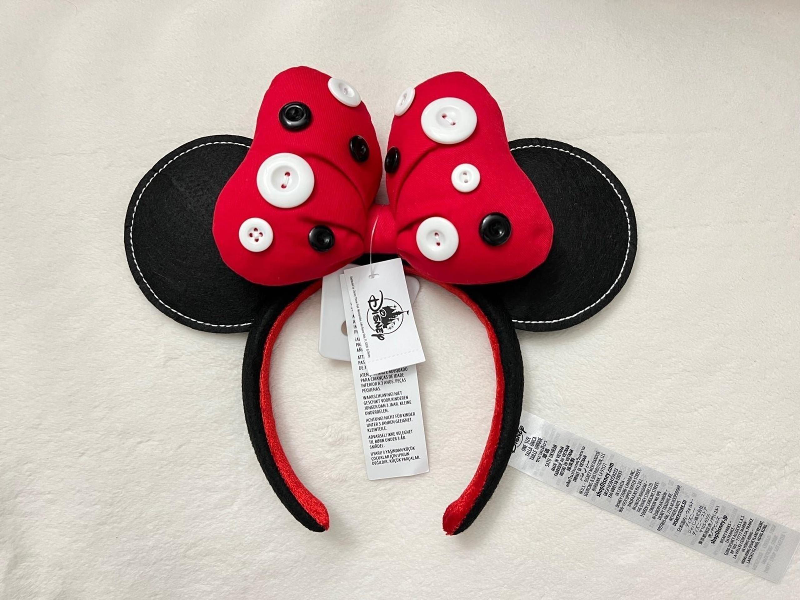 NWT Disney Parks Minnie Mouse White & Black Buttons Red Bow Felt Ears headband