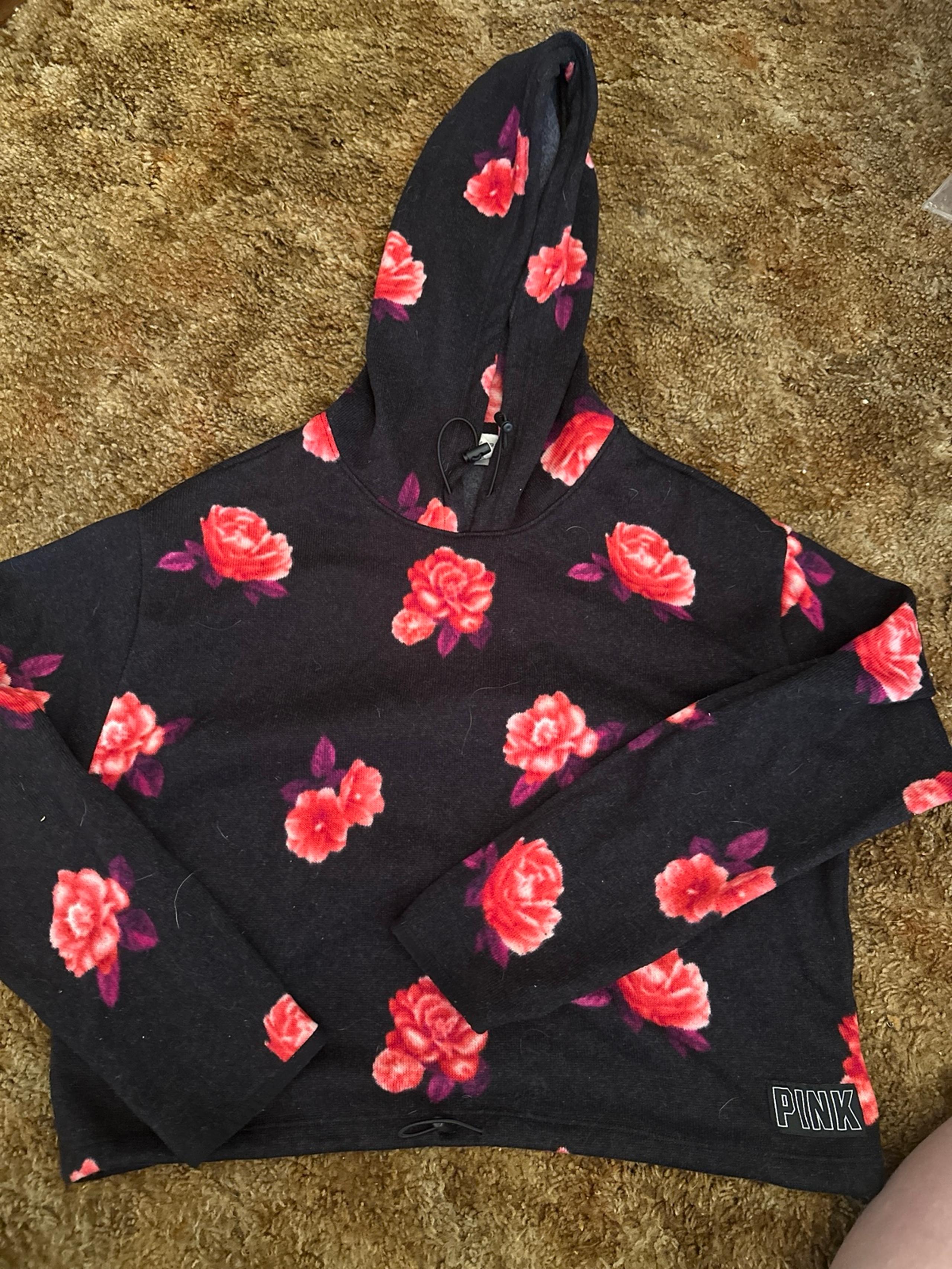 Victorias Secret Pink Cropped Black Floral Rose Hoodie Sweater Size Large