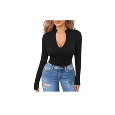 MANGOPOP Long Sleeve Body Suit Mock Turtle Neck Zip Up Bodysuit Size X Large