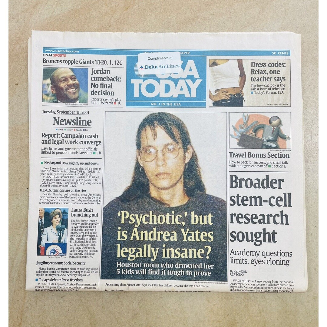 Rare:USA TODAY Newspaper Dated September 11, 2001. Came Off Diverted Delta Plane