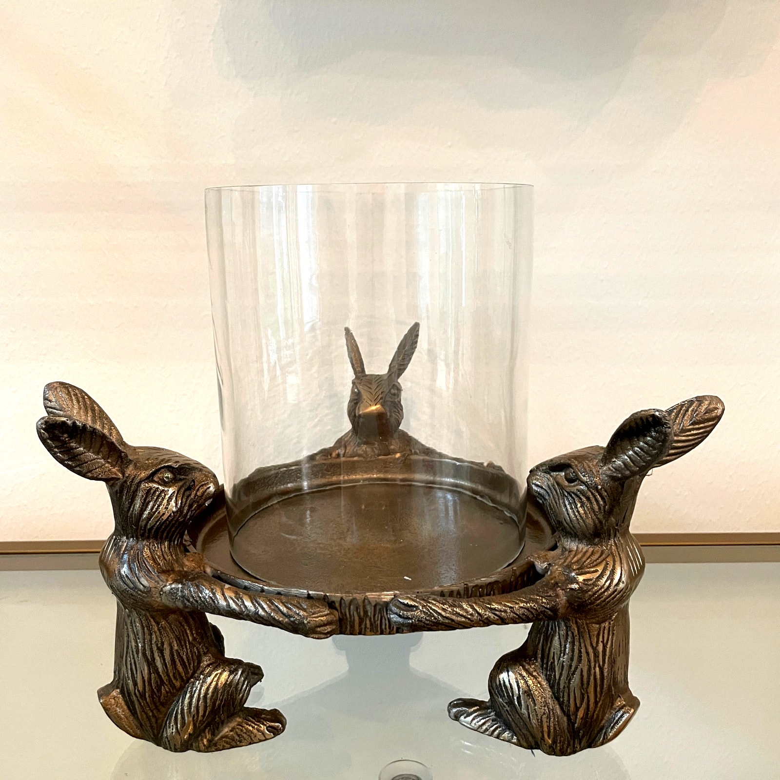 Rachel Ashwell Glass & Metal Bunny Rabbit Pillar Candle Holder Easter Decor NEW