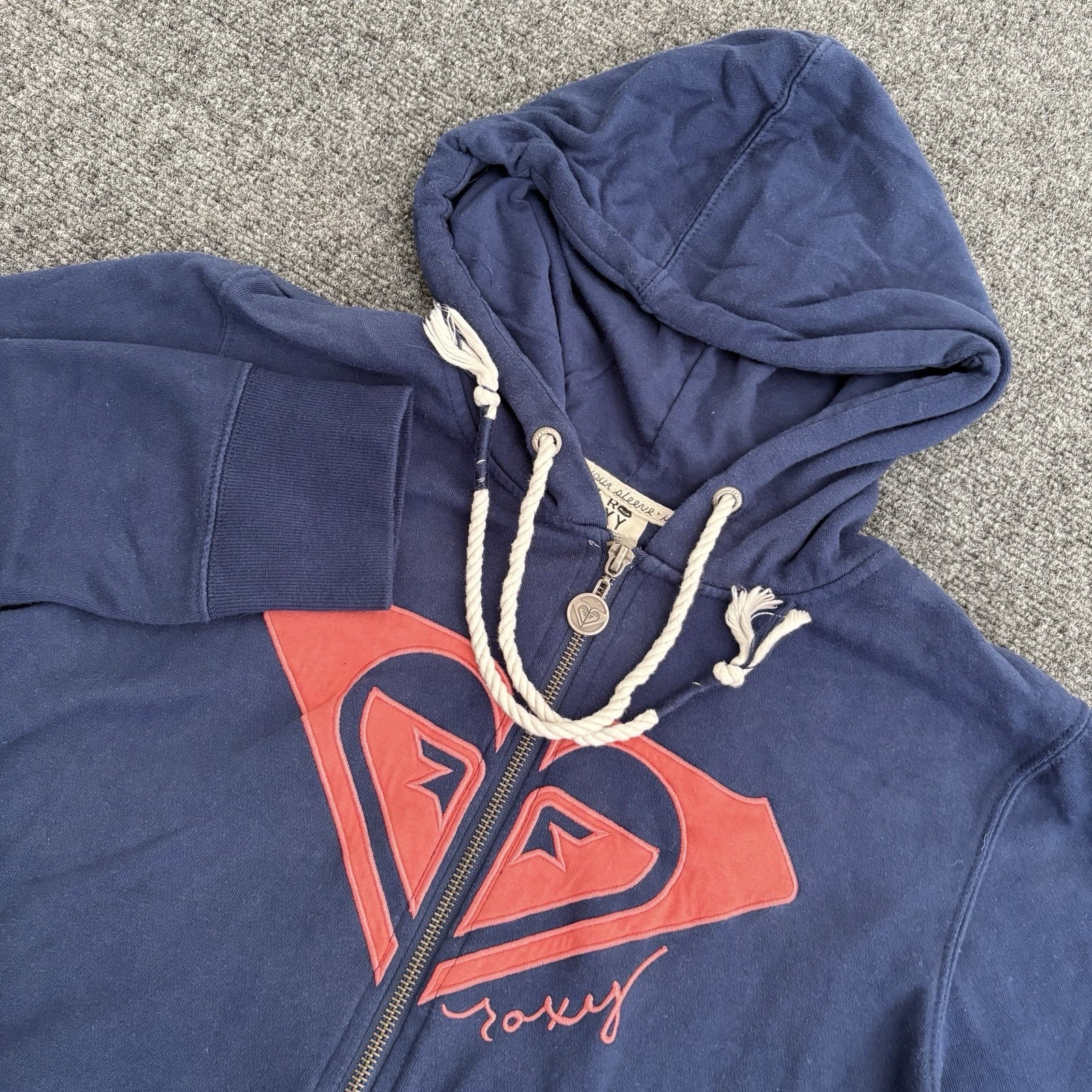 Roxy Full Zip Hooded Sweatshirt Y2K Navy Blue Pink Size XL Embroidered