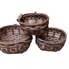 Vintage Woven set of 3 heart design baskets W/ Metal Handle
