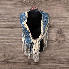 Shawl Poncho Fringed Faux Suede Leather Cut Out Handkerchief Shrug Blue Cream