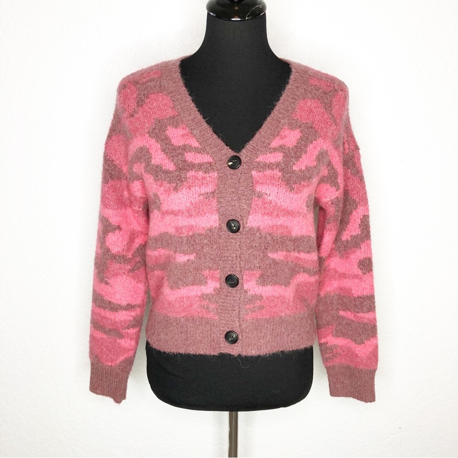 Rails Cynthia fuchsia pink camo wool alpaca blend button front cardigan