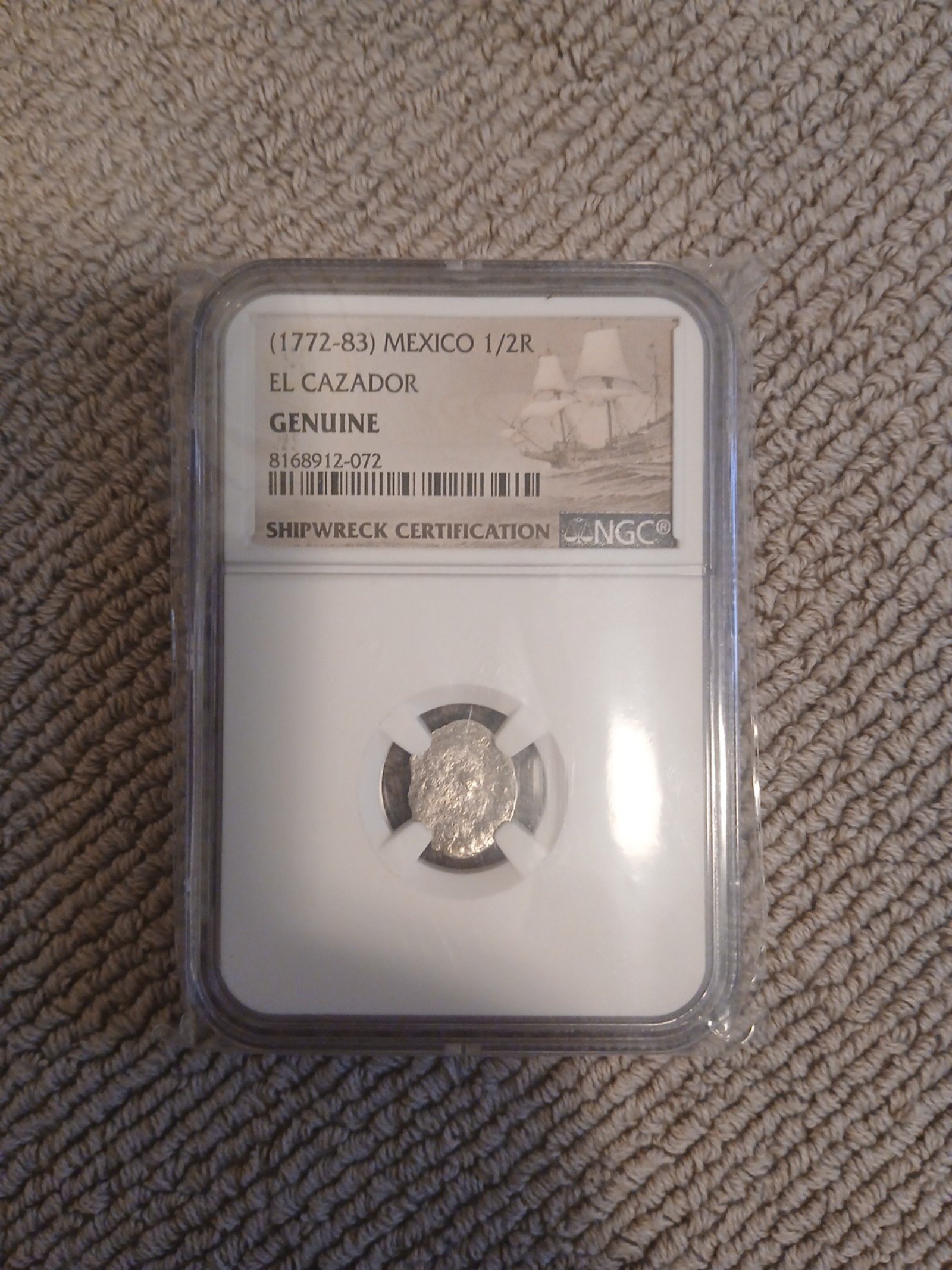 1772-83 MEXICO 1/2 REAL NGC GENUINE SHIPWRECK COIN EL CAZADOR SILVER