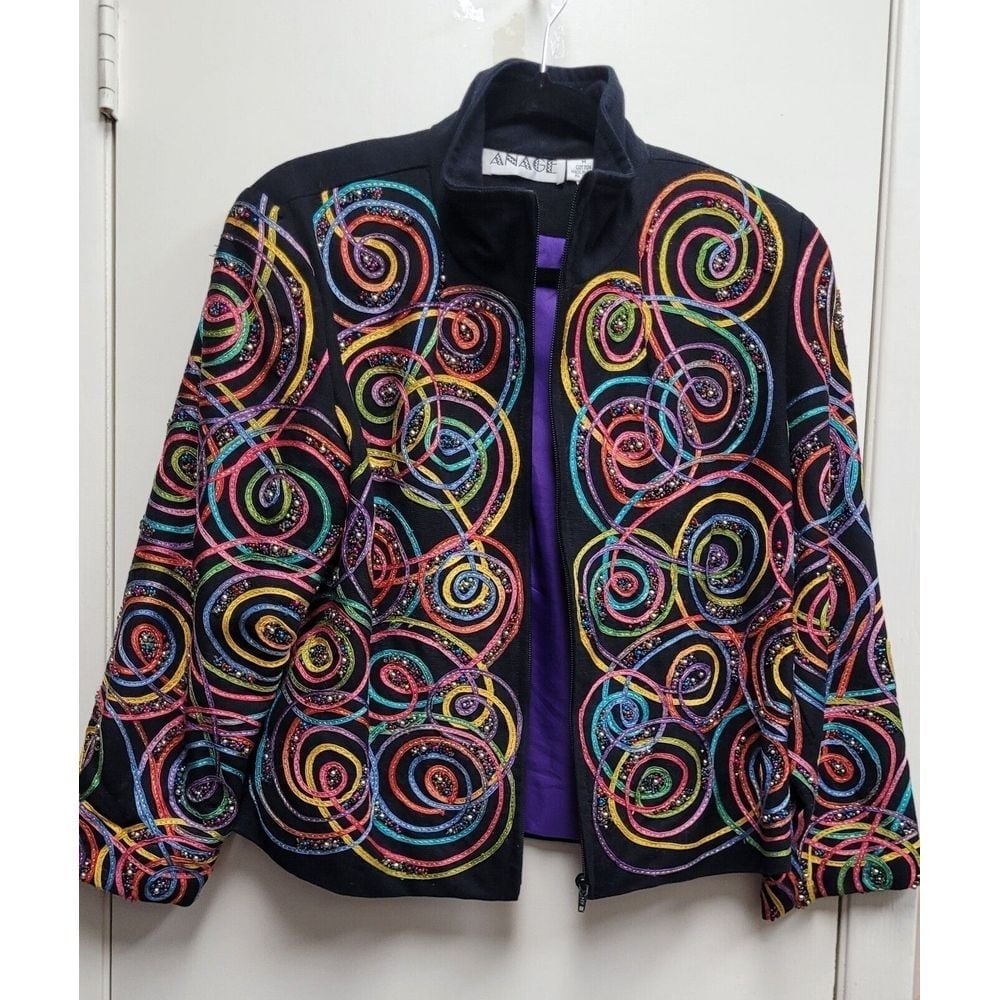 Vintage 80's Anage Abstract Wearable ARTWORK BEADED RIBBON Ladies Jacket Size M