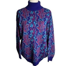 Vintage 80s Turtleneck Knit Pullover Sweater M Purple Floral Ski