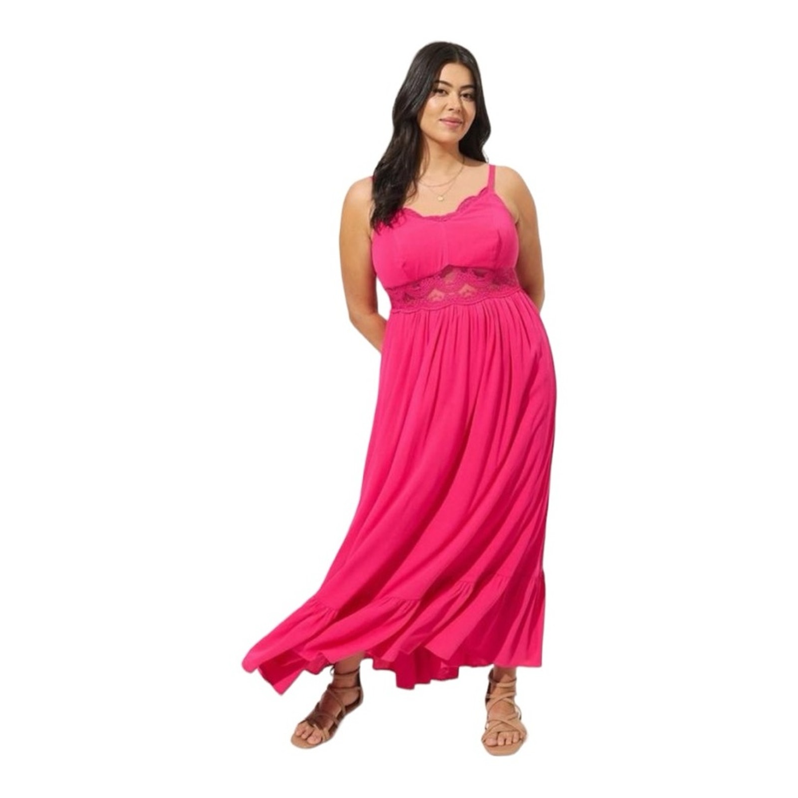 Torrid size 1 pink maxi dress ruffle lace cutout gauze guest party