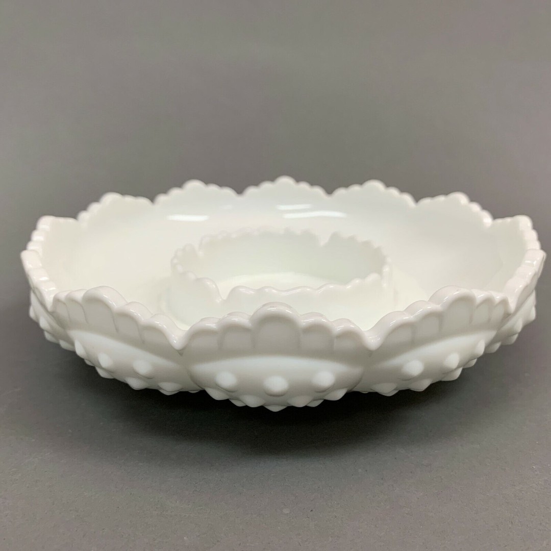 Fenton White Milk Glass Hobnail Chip & Dip Bowl Plate Ashtray Candle Holder