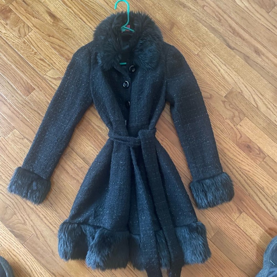 Betsey Johnson black tweed faux fur trim wool blend jacket