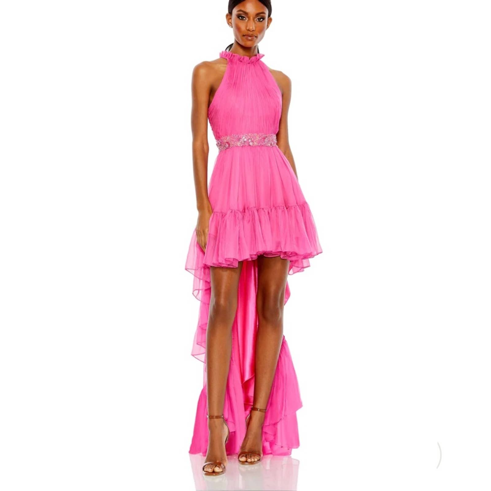 NWT Mac Duggal Halter Neck High Low Pink Embellished Waist Flowy Gown US 2