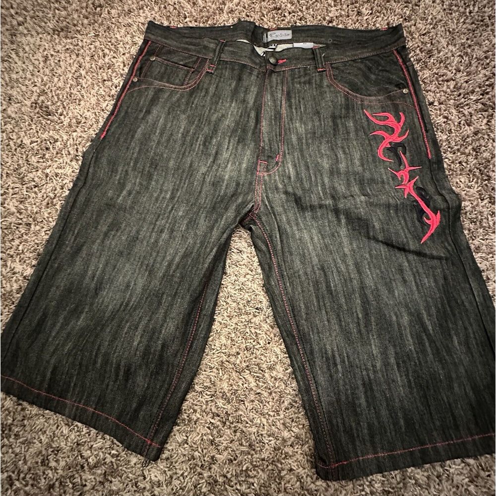Vintage Y2K Russo Jean Shorts Black Denim Red Embroidered Baggy Size 40x14