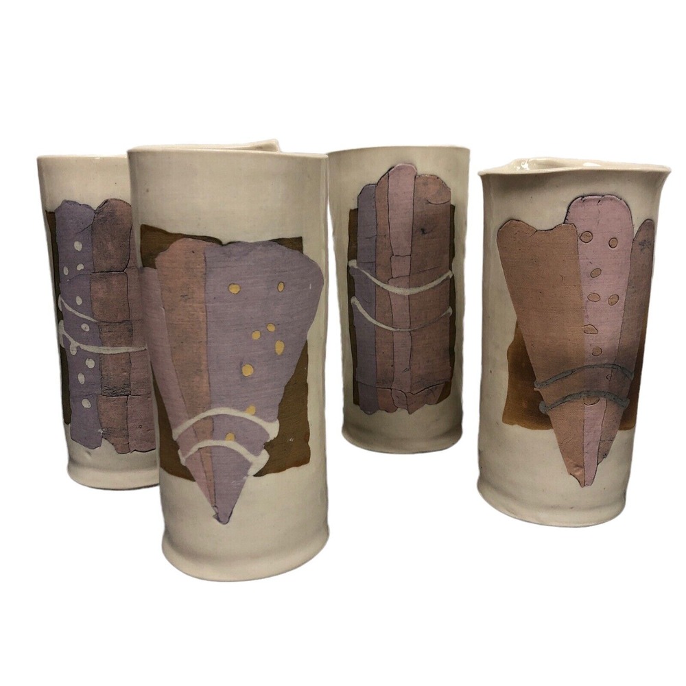 Set Of 4 VTG Pastel Pottery Drinking Glasses Tumblers Hand Made & Painted 6