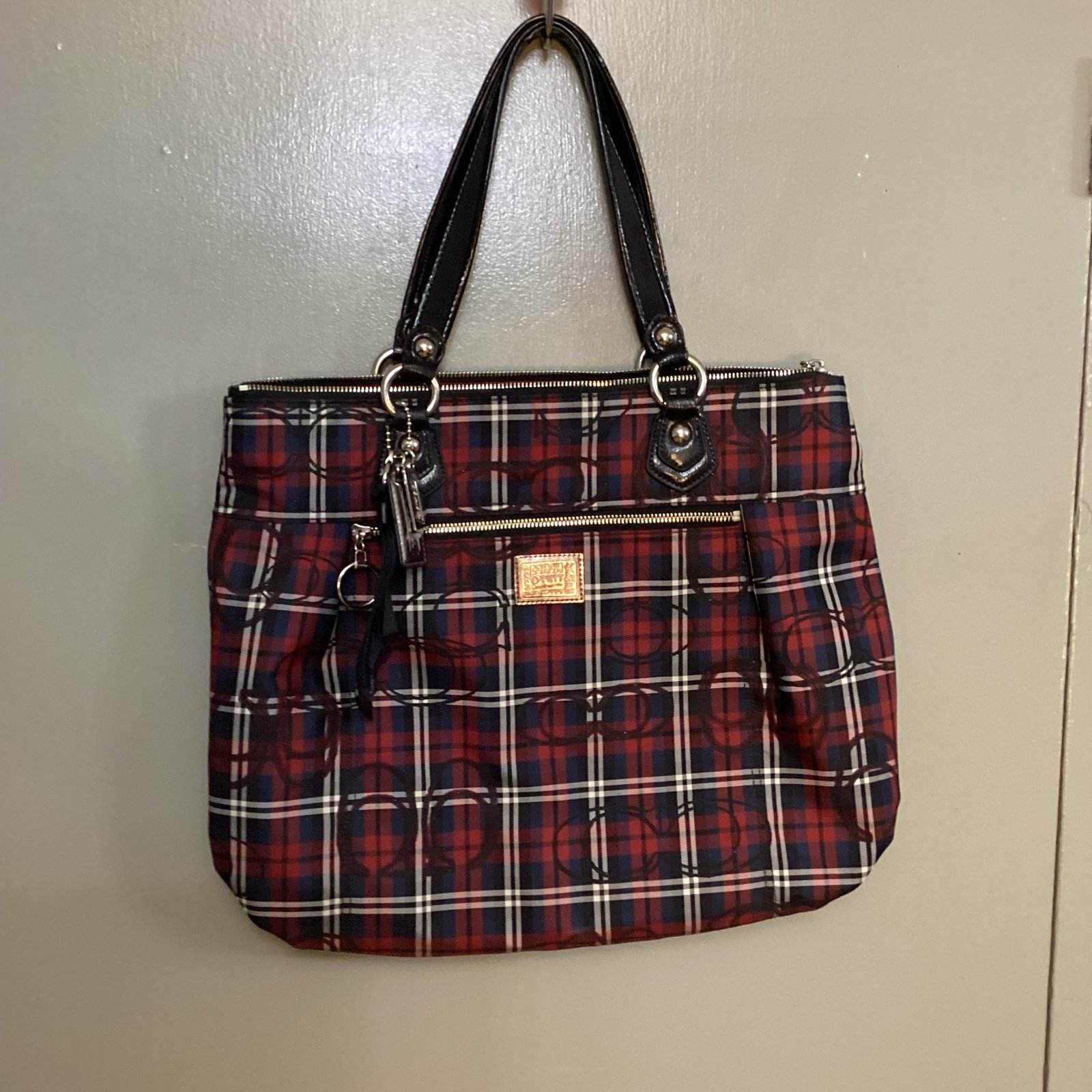 COACH Poppy Tartan Glam Plaid Burgundy Blue Black Large Tote Purse Bag 18713