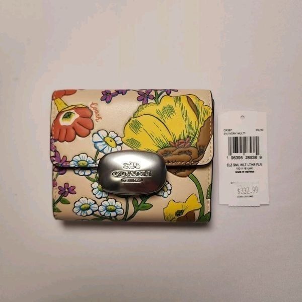 NWT Coach CR394 Eliza Small Wallet With Floral Print Ivory & Multi leather