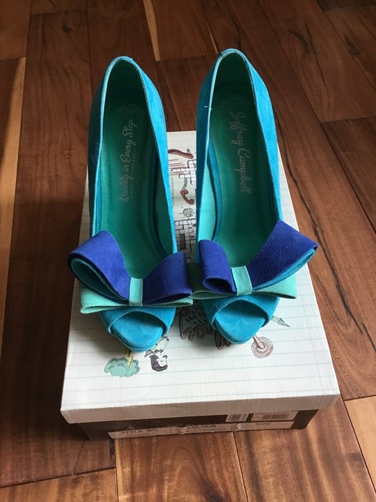 Jeffrey Campbell Garret Aqua Combo Blue Suede High Heels Large Statement Bow 6.5