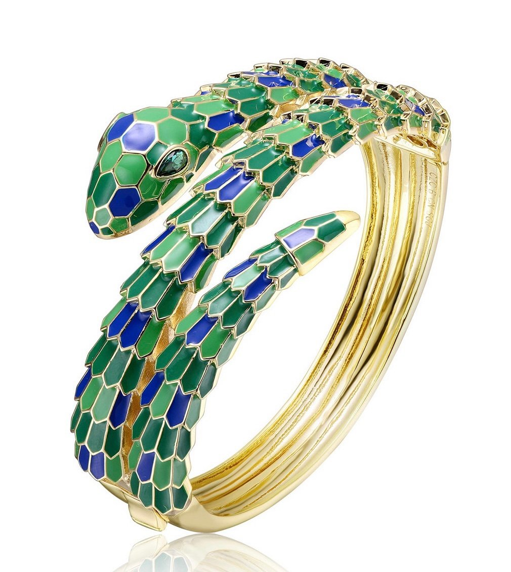 Rachel Glauber 14K Gold Plated W/ Green/Blue Cubic Zirconia 3D Serpent Bracelet