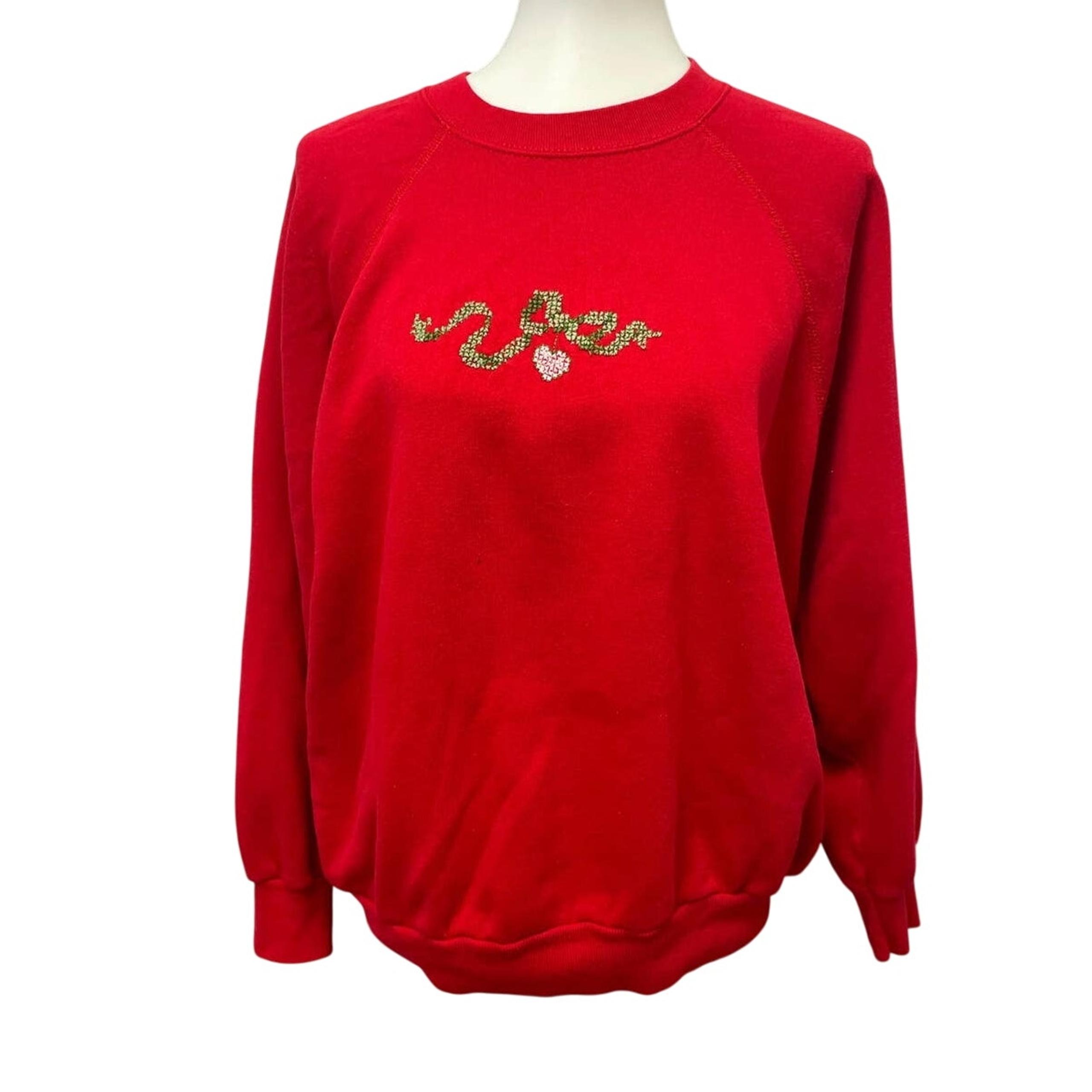 Vintage Womens 1X Handmade Cross Stitch Christmas Heart Long Sleeve Sweatshirt