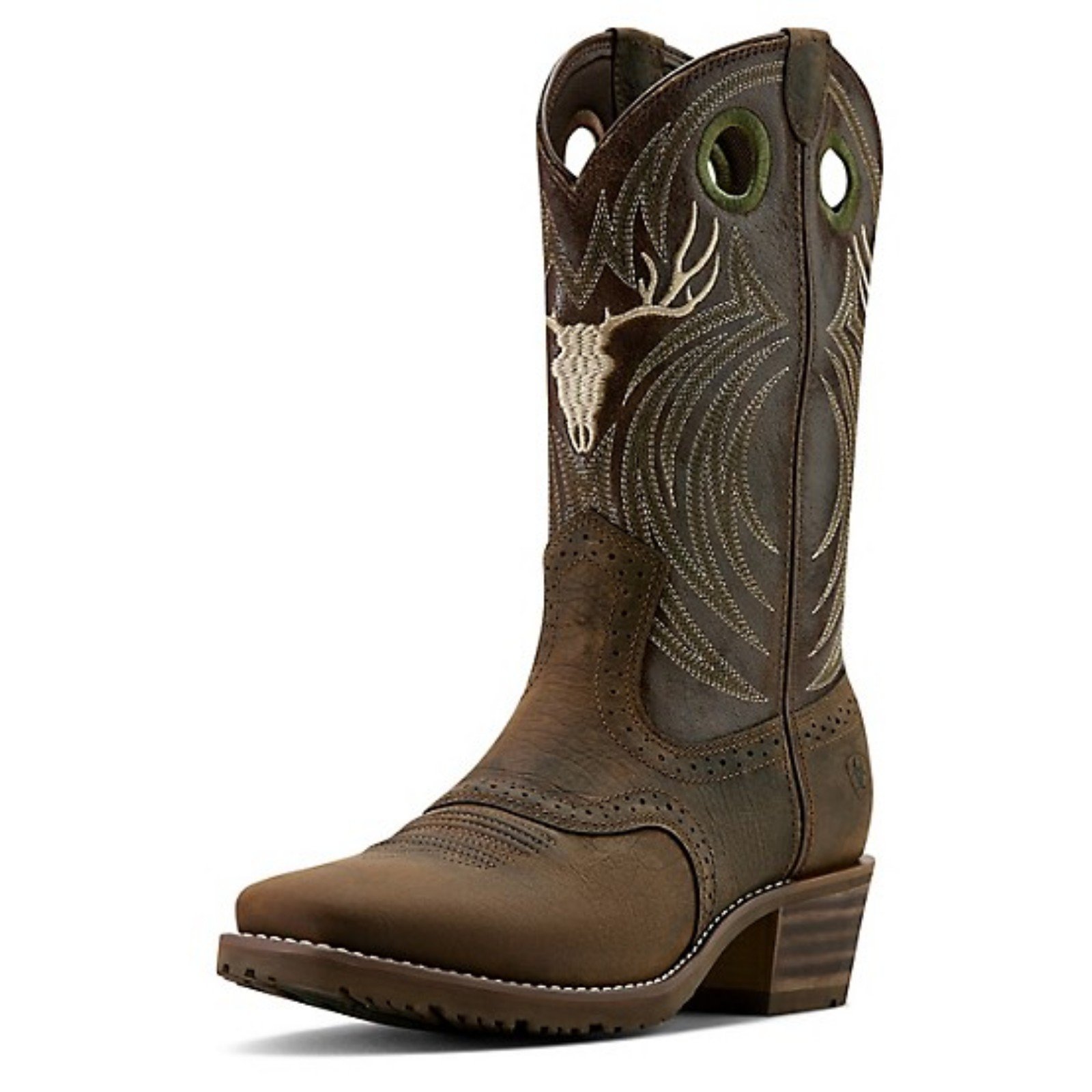 Men's Hybrid Roughstock Antler Leather Cowboy Western Boots - Brown Size 9.5