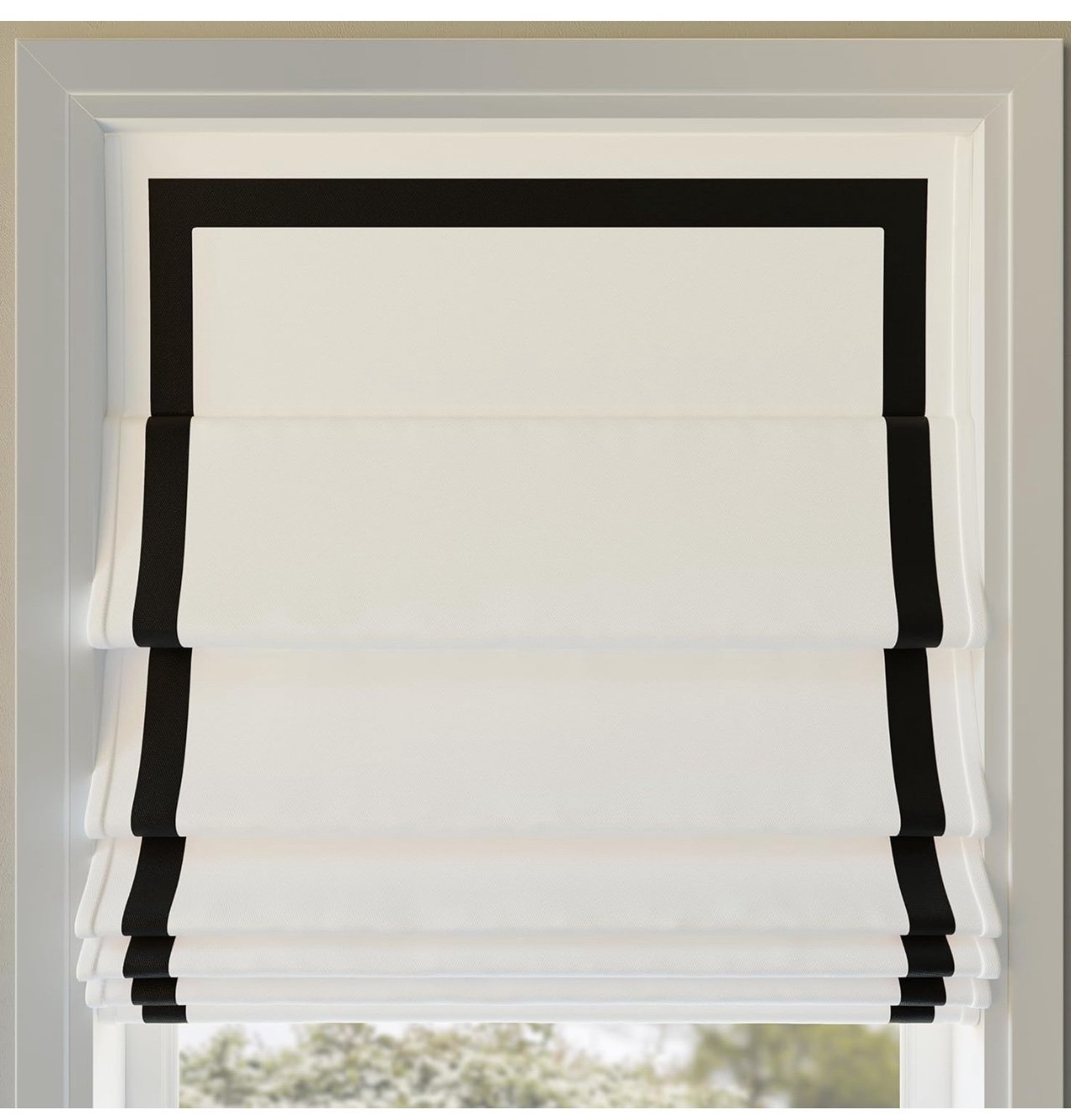 Sun Zero Olander 100% Blackout Black Ribbon Border Fabric Roman Shade 33x64