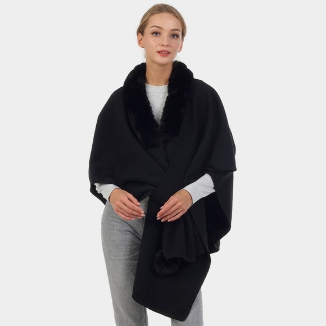 Black Fur Pom Pom Collar Shawl Cross Poncho Sweater Cape Womens Wrap Scarf