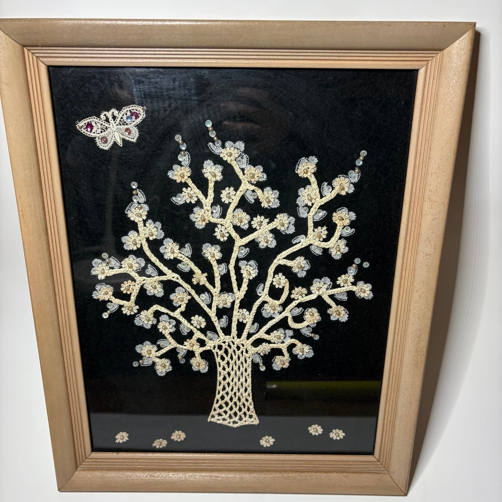 Framed Vintage Needlework Art Tree w/ Flowers Cherry Blossoms Handmade 13”x16”