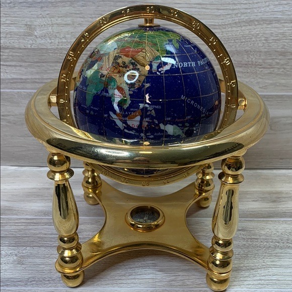 Table Top Blue Lapis Ocean World Globe with 4 leg Gold Stand