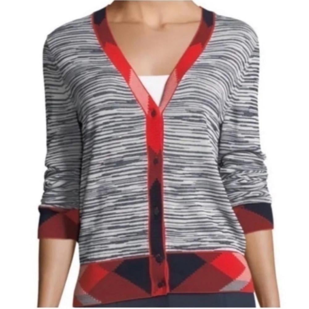 Tory Burch Arielle Cardigan Contrast Trim Navy Blue Red Ivory XS