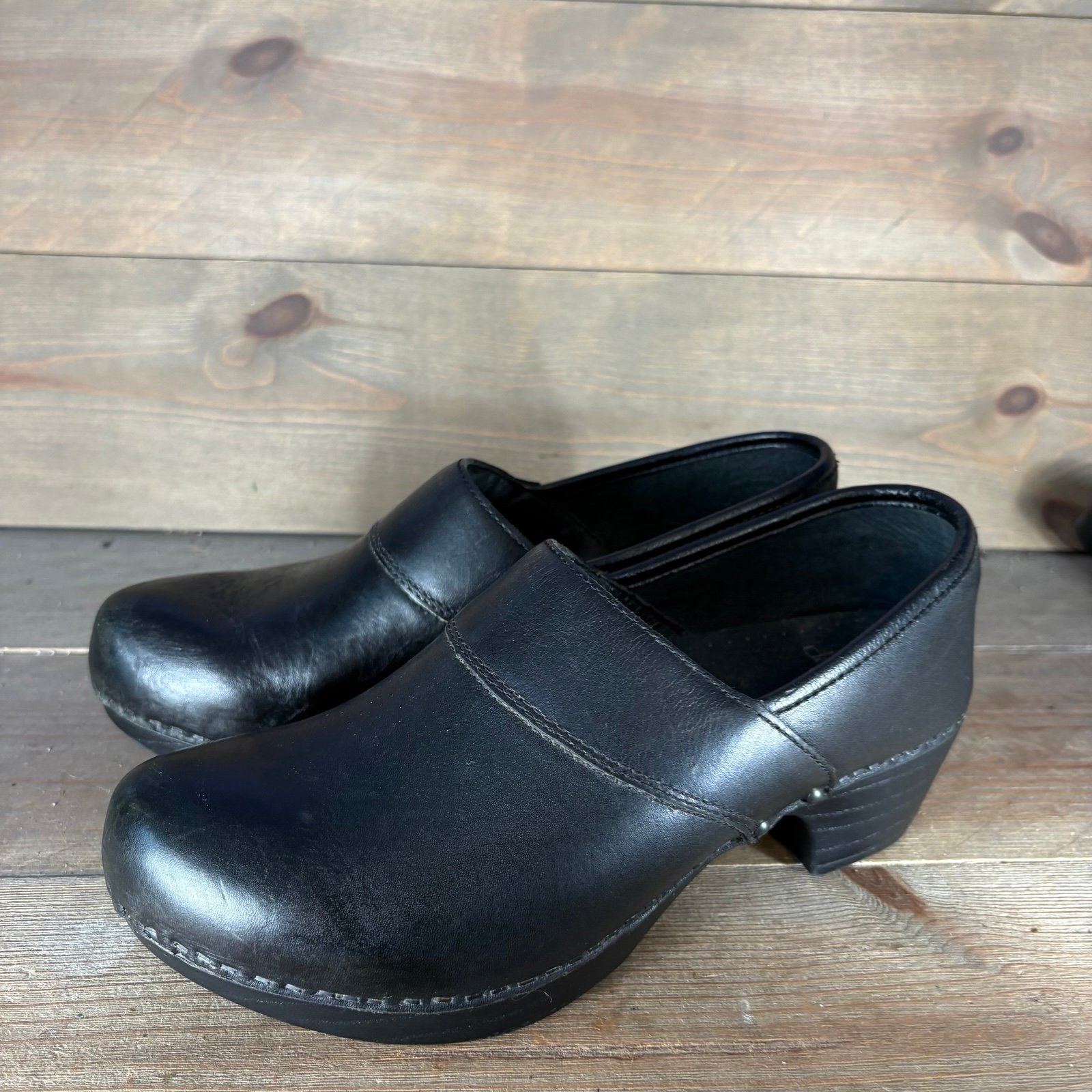 dansko prima womens size 39 shoes black leather slip on heel comfort clogs  Pre