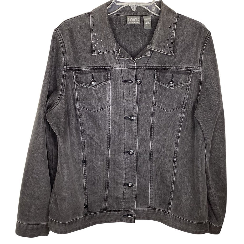 Chicos Jacket Women’s Sz 2/L Black Denim Rhinestones Pockets Bling Button EUC