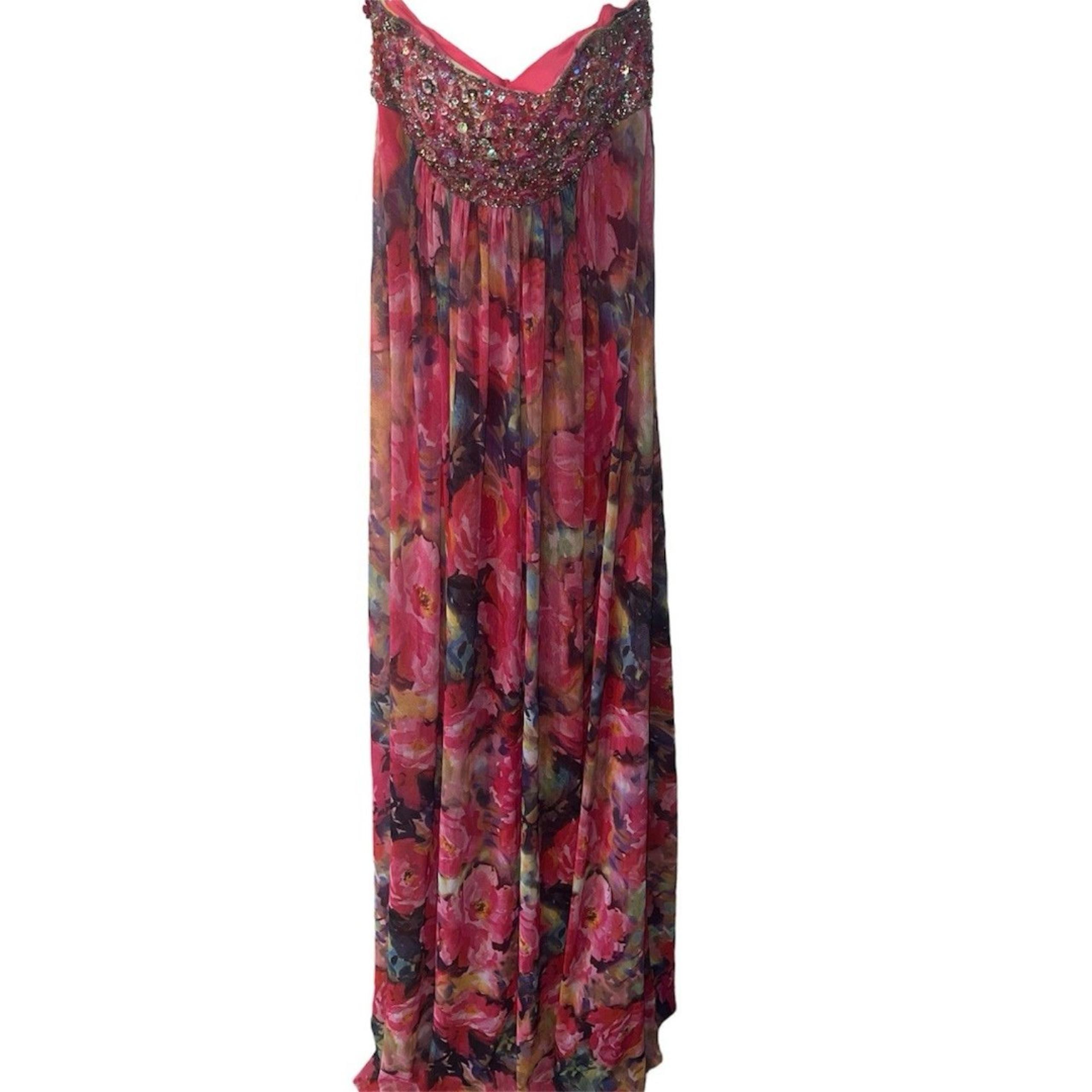 Jovani Maxi Gown womens Sz 4 Floral Sequin Empire Waist Strapless Formal Pageant